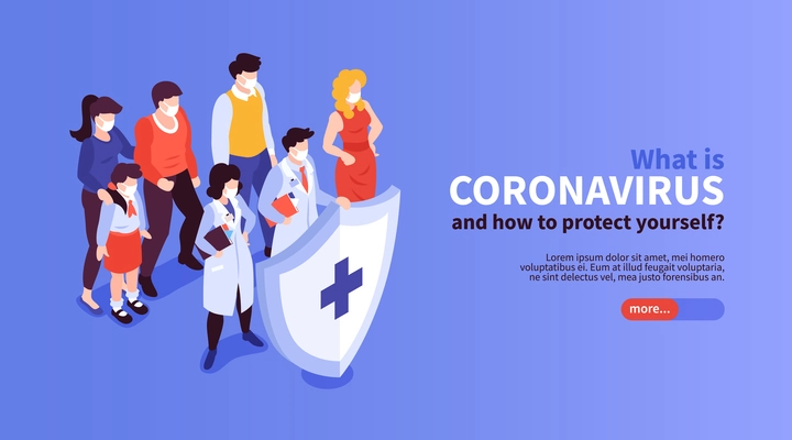 Isometric medicine virus coronavirus horizontal banner with human characters in masks protective shield and editable text vector illustration