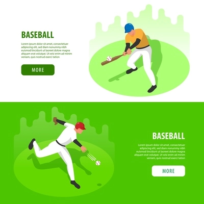 Two isometric banners set with men playing baseball 3d isolated vector illustration