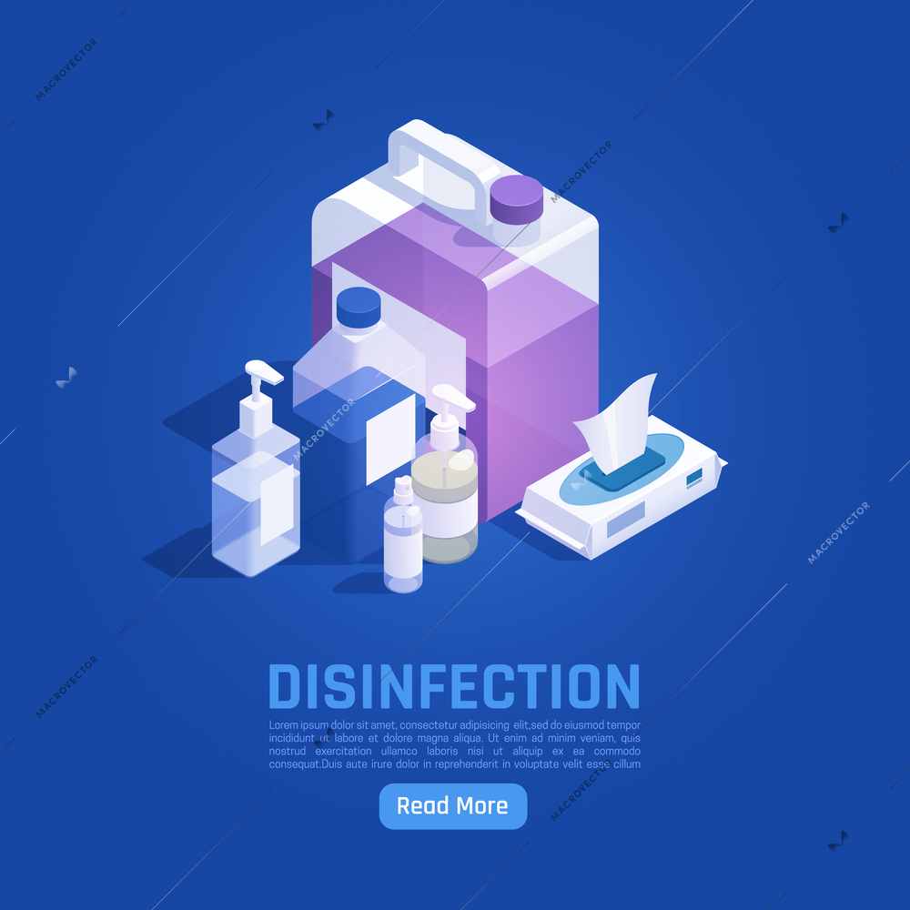 Sanitizing isometric background with editable text read more button and images of antibacterial products medical appliances vector illustration