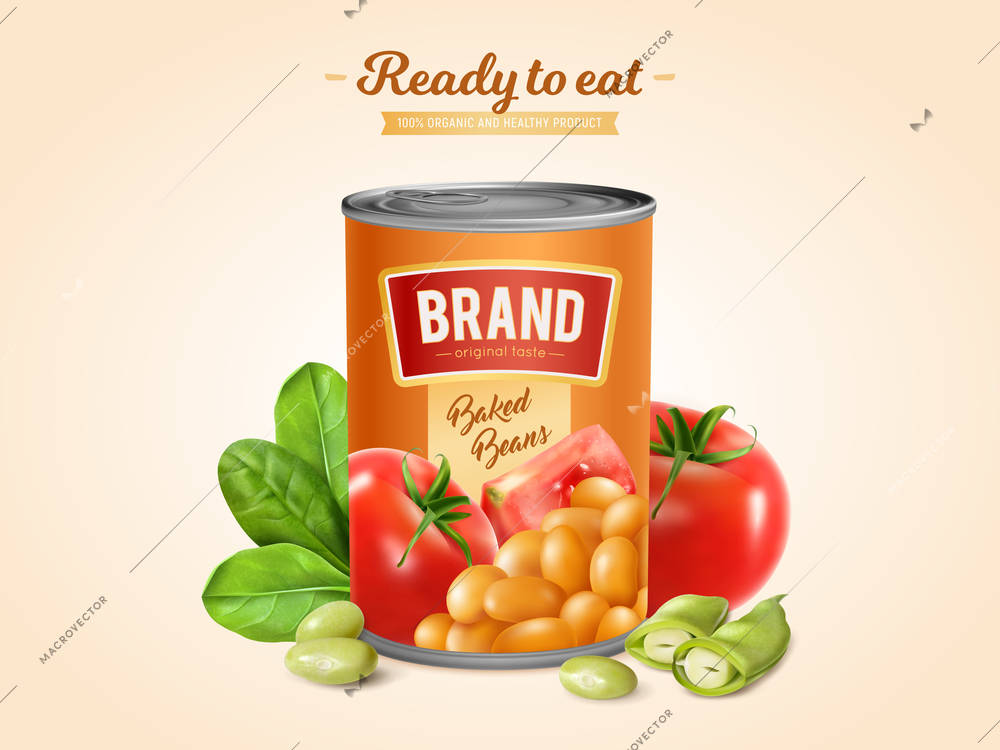 White baked beans in tomato sauce tin ready to eat realistic advertising composition with lettuce  vector illustration