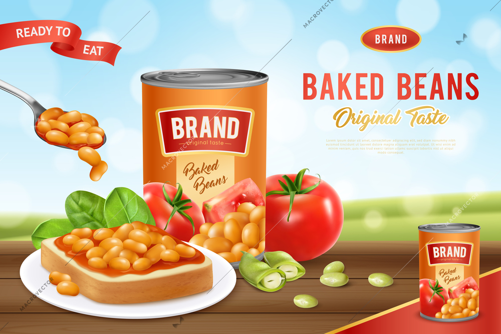 White canned beans baked in tomato sauce ready to eat realistic advertising poster nature background  vector illustration