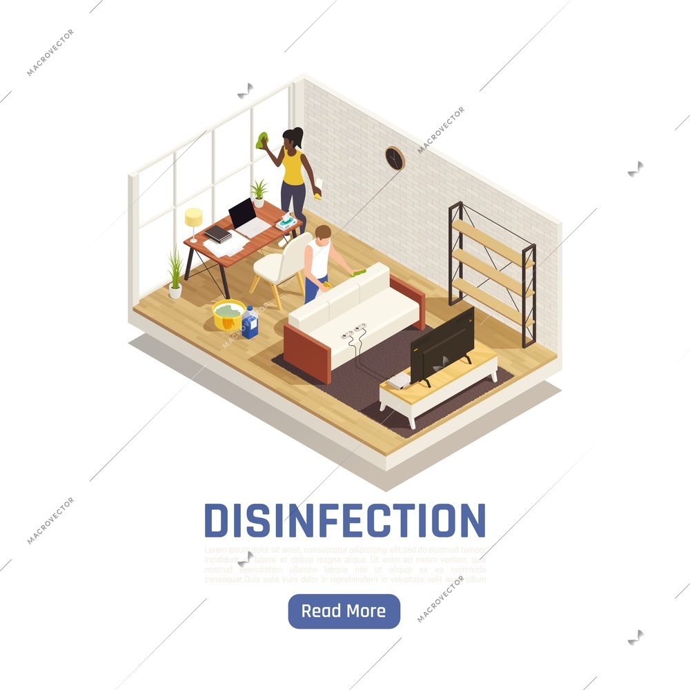 Sanitizing isometric background with domestic room scenery and human characters applying disinfection agents to living space vector illustration