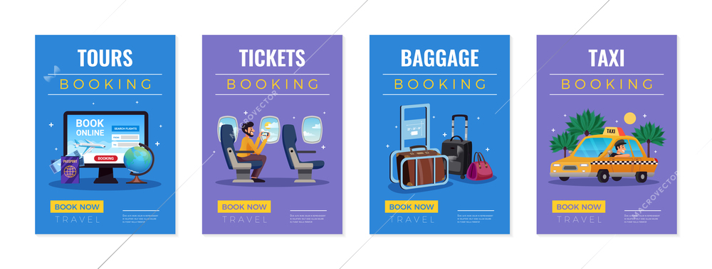 Travel tourism booking poster set with tours tickets baggage taxi booking book now descriptions vector illustration