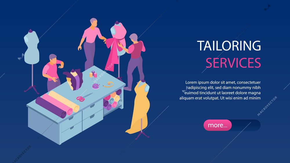 Isometric sewing studio horizontal banner with tailoring services headline and more button vector illustration