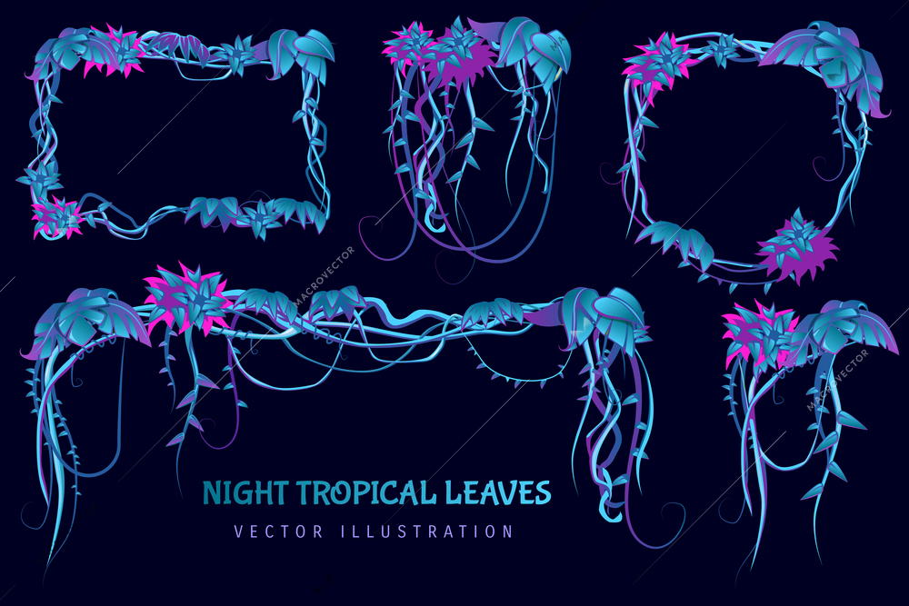 Night tropical leaves cartoon set with liana isolated vector illustration