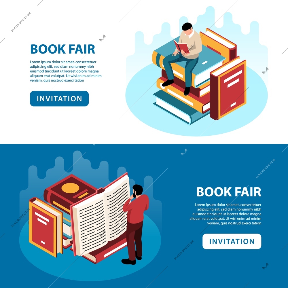 Isometric banners set with people reading books at fair 3d isolated vector illustration