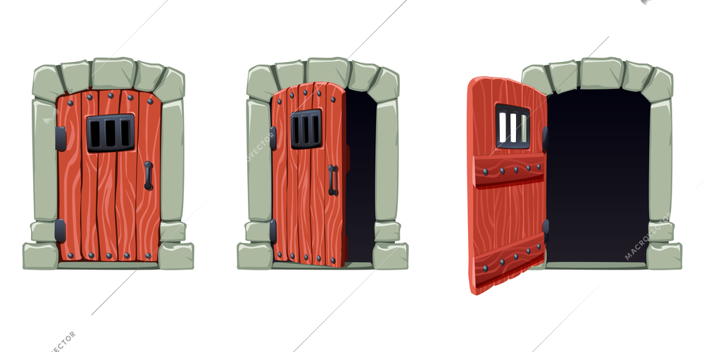 Open doors cartoon set with cell doors isolated vector illustration