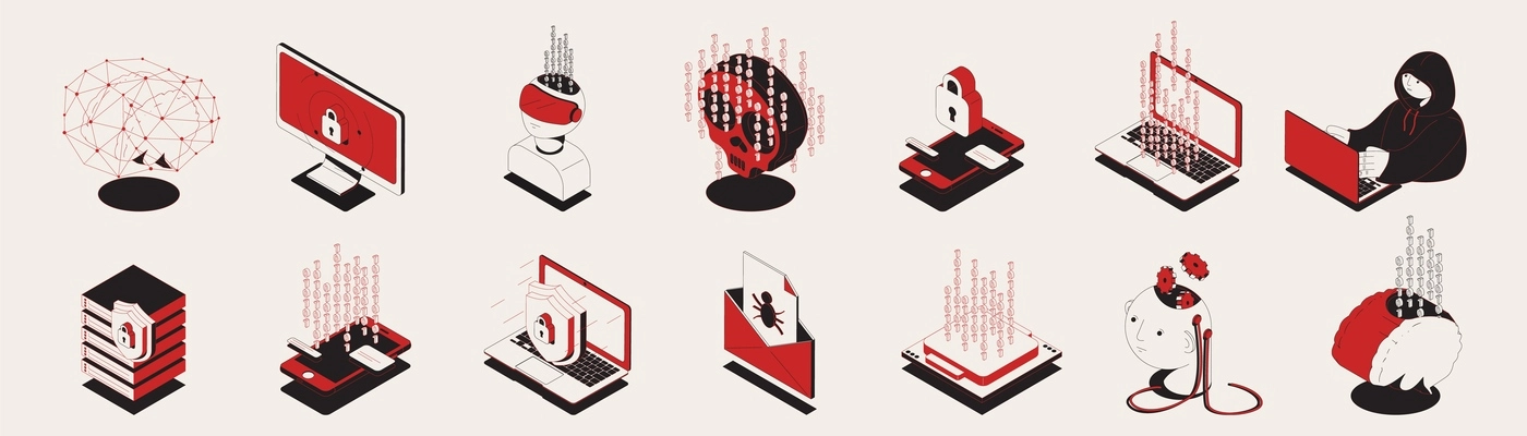 Set of isolated cyber attack security isometric icons with pictograms and symbols of computer safety protection vector illustration