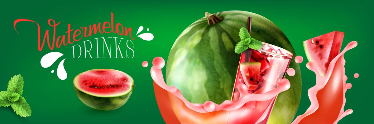 Watermelon drinks horizontal poster with red pieces and splash of juice on green background realistic vector illustration