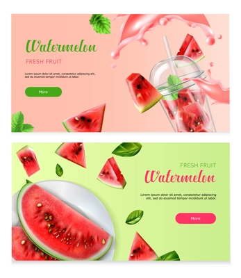 Watermelon horizontal banners with pieces of fresh fruit on plate and in cocktail glass realistic vector illustration