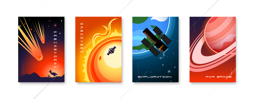 Set of four isolated space posters with editable vertical text and images of planets and spacecrafts vector illustration