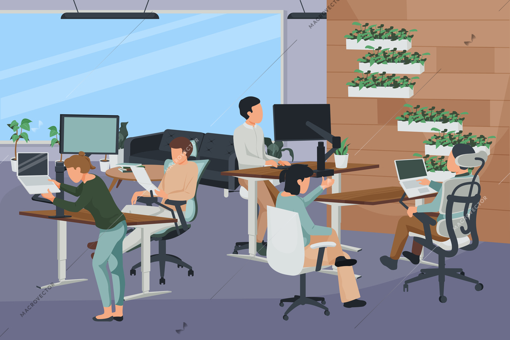 Flat composition with people working at open space office with contemporary workspace vector illustration