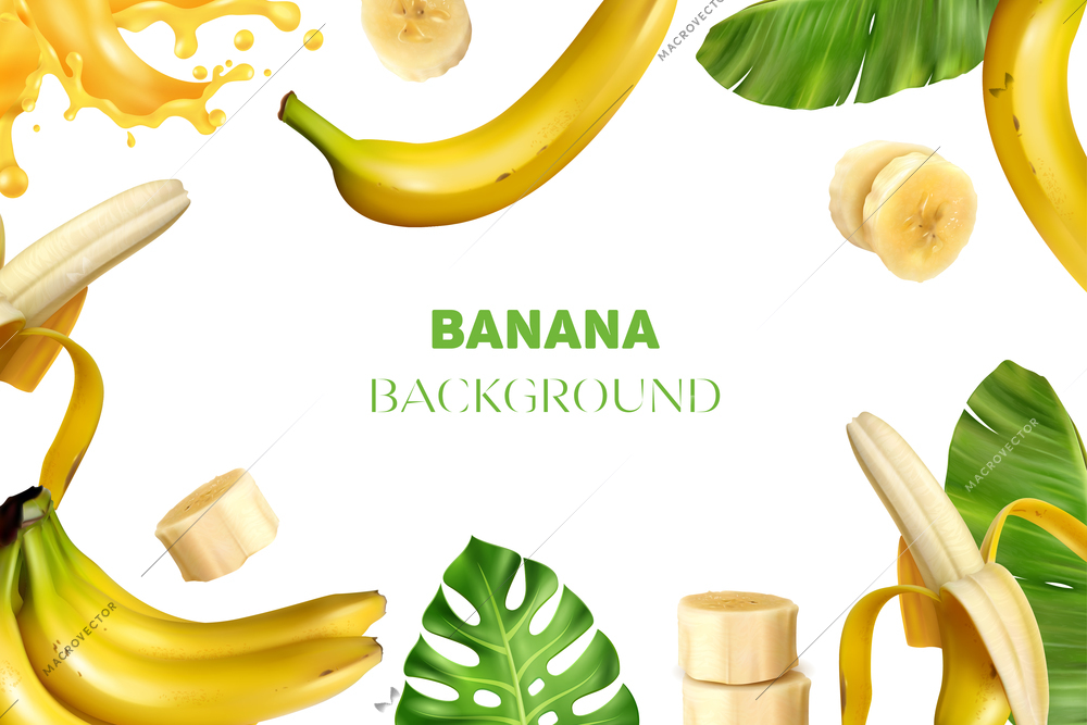 Realistic banana frame background composition with images of bananas fresh leaves slices and juice with text vector illustration