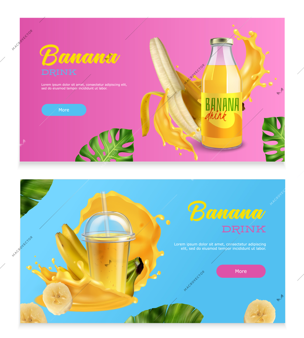 Banana drink horizontal banners with realistic fresh fruits splashes and juice in bottle isolated vector illustration