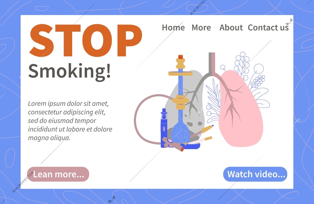 Stop smoking banner website landing page with images of lungs hookah vape clickable links and text vector illustration