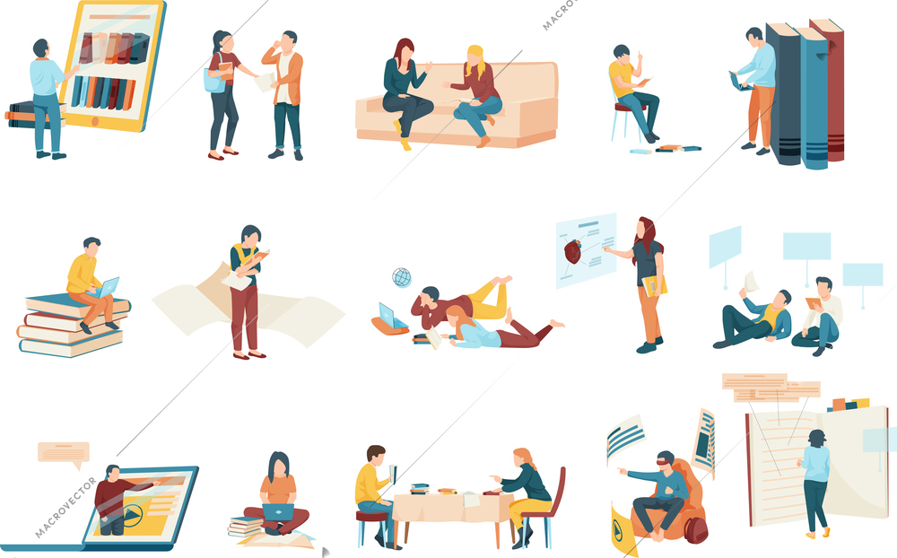 Flat icons set with modern students studying with books and different gadgets isolated vector illustration