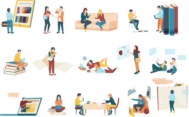 Flat icons set with modern students studying with books and different gadgets isolated vector illustration