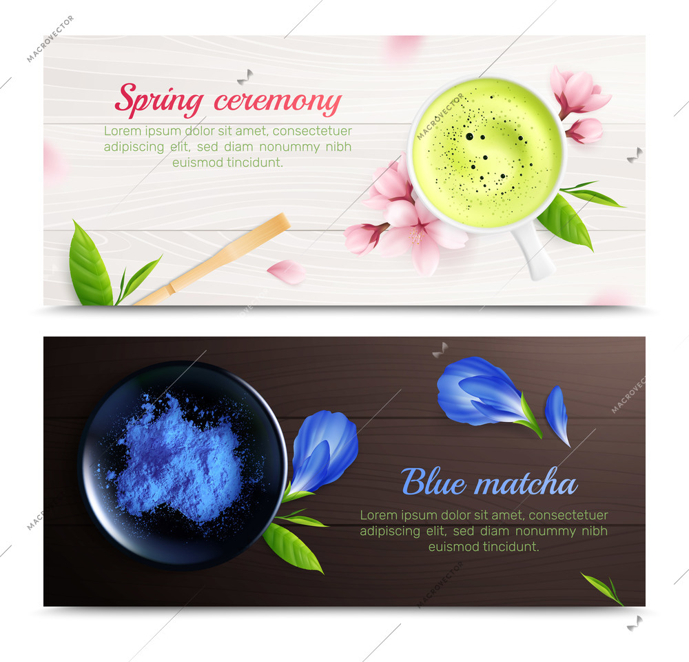 Matcha tea set of horizontal banners with realistic flowers and leaves with cup images and text vector illustration