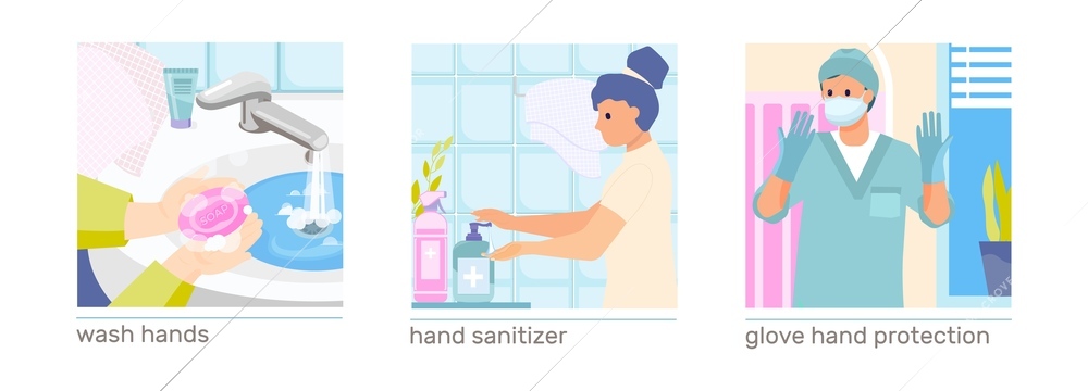 Hand hygiene set of square compositions with human characters washing hands wearing gloves with text captions vector illustration