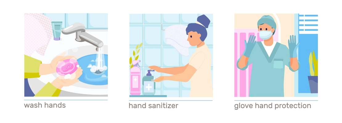 Hand hygiene set of square compositions with human characters washing hands wearing gloves with text captions vector illustration