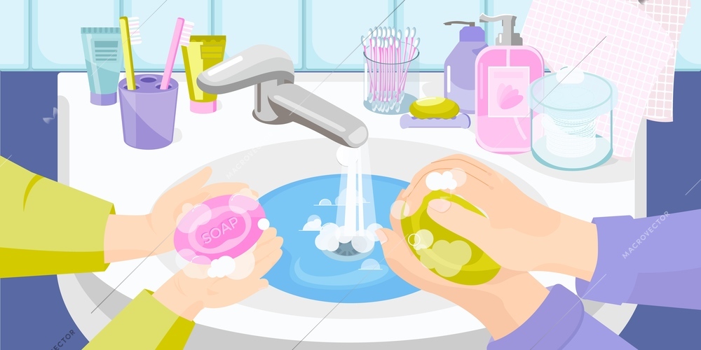 Hand washing flat composition with view of bathroom sink and human hands with soap and foam vector illustration