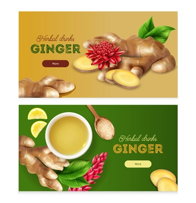 Herbal drinks lower cholesterol health benefits 2 realistic horizontal colorful background banners with ginger roots vector illustration