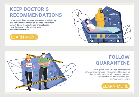 Pandemic coronavirus set of horizontal banners with flat quarantine hospitalization images learn more buttons and text vector illustration