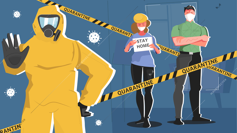 Quarantine coronavirus flat composition with human characters in masks and chemical suit with restricted area lines vector illustration