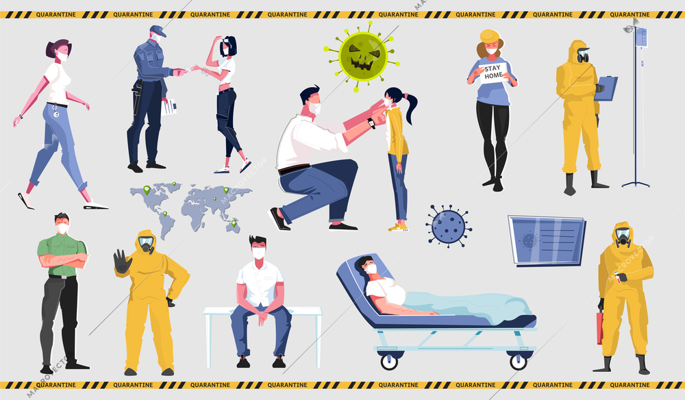 Pandemic coronavirus set with flat characters of virus protected people wearing face masks with medical appliances vector illustration