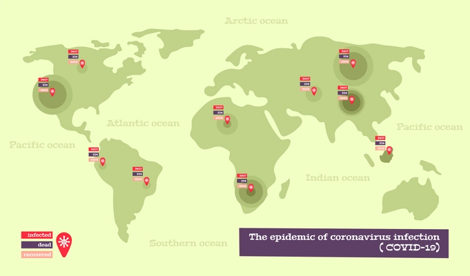 Coronavirus map infographics background with statistics of infected dead and recovered people in world flat vector illustration