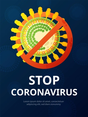 Stop coronavirus virus vertical poster with colourful images of bacteria under prohibitive sign and editable text vector illustration