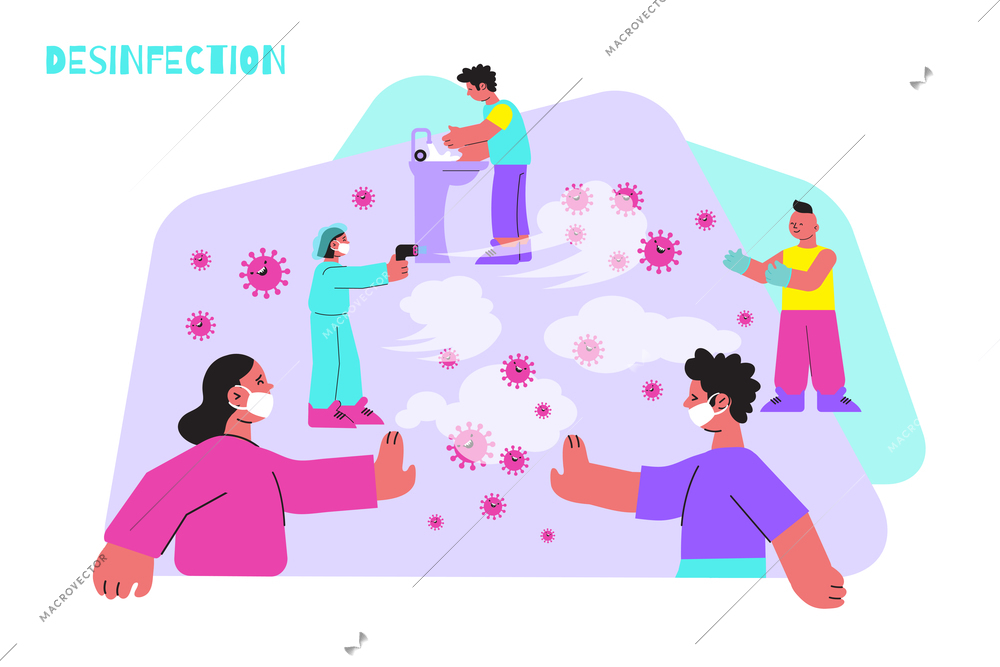 Hand disinfection coronavirus flat composition with protected people wearing gloves washing hands with contactless greeting images vector illustration