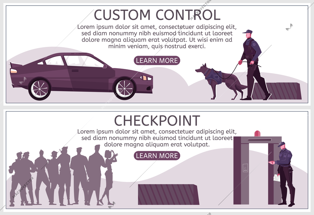 Customs control set of horizontal banners with text learn more button and people at border checkpoint vector illustration