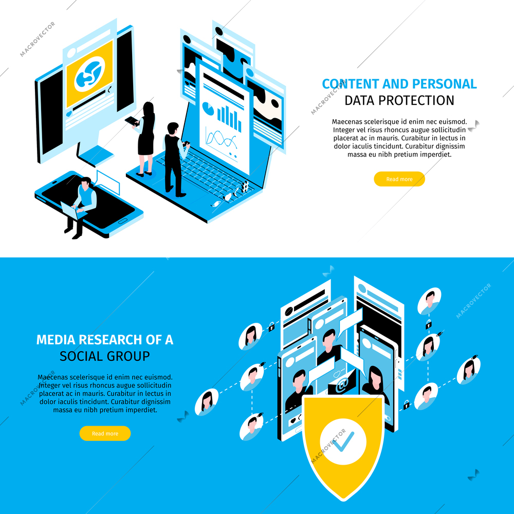 Horizontal isometric social media banner set with content and personal data protection and media research of a social group headlines vector illustration