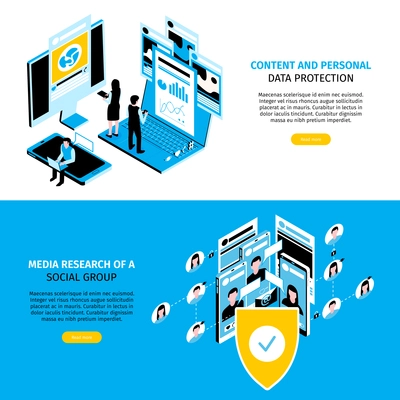 Horizontal isometric social media banner set with content and personal data protection and media research of a social group headlines vector illustration