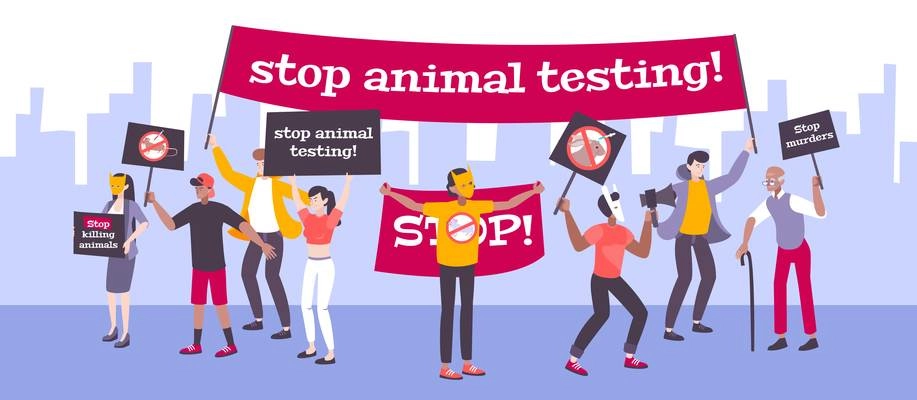 Animal testing protest background with animal care symbols flat vector illustration