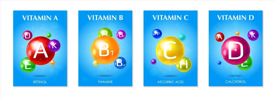 Multivitamins supplements 4 3d colorful realistic advertising posters set with essential vitamins blue background isolated vector illustration