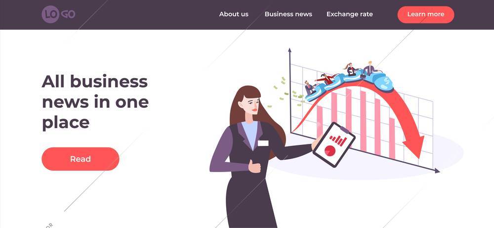 Business web page with flat images of graphs and show host with clickable links and buttons vector illustration