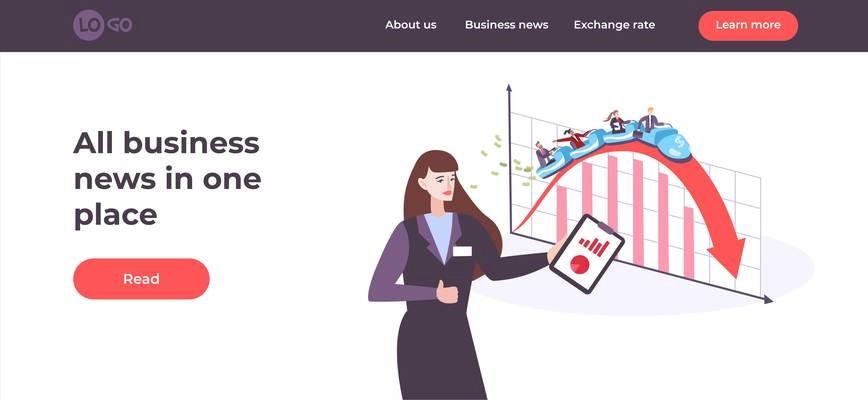 Business web page with flat images of graphs and show host with clickable links and buttons vector illustration