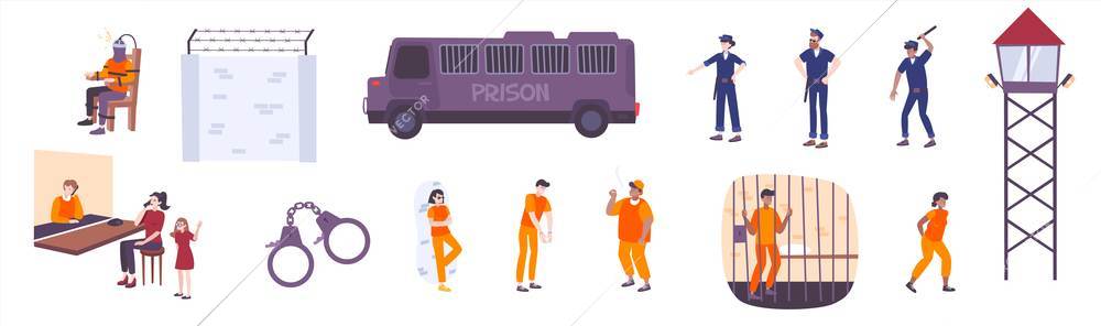 Set of isolated prison flat icons with doodle human characters and jail elements on blank background vector illustration