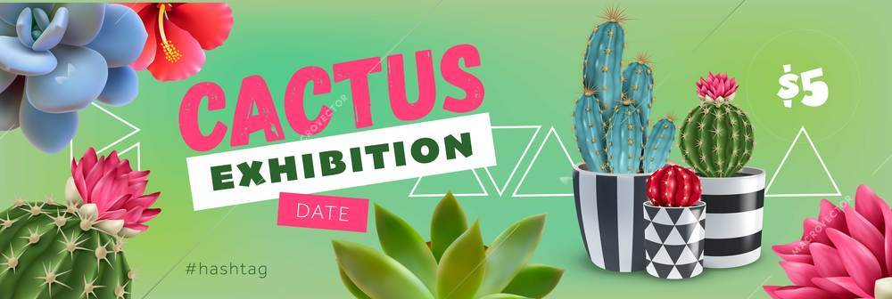 Cactus exhibition horizontal ads poster with date price and images of flowering plant varieties in pots vector illustration