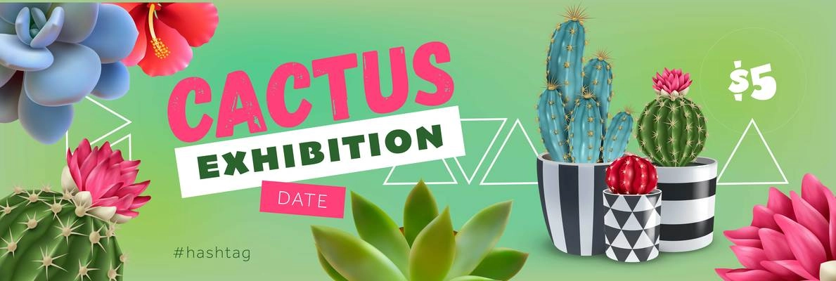 Cactus exhibition horizontal ads poster with date price and images of flowering plant varieties in pots vector illustration