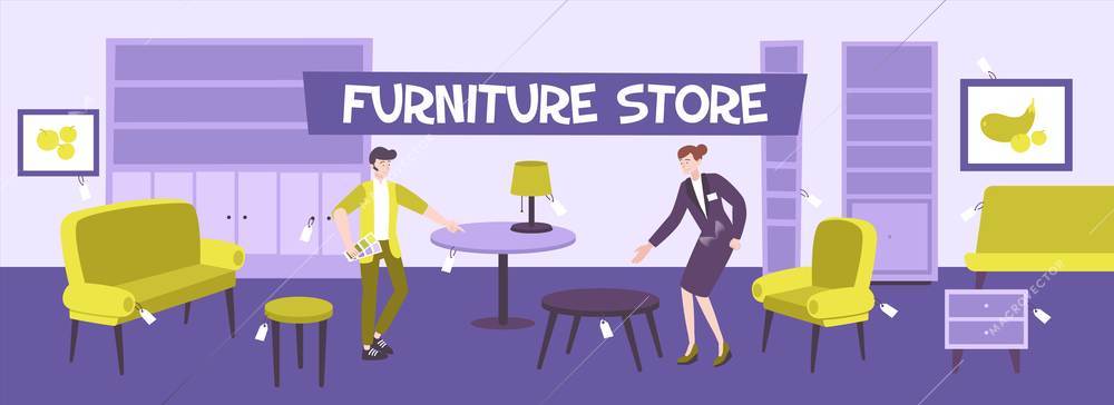 Furniture store flat composition with indoor scenery and pieces of designer furniture with text and people vector illustration