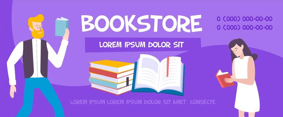 Book store horizontal banner with editable advertising text phone numbers and doodle human characters reading books vector illustration
