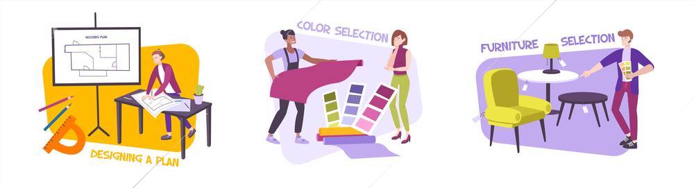 Design interior set of three isolated compositions with flat images of items and people with text vector illustration