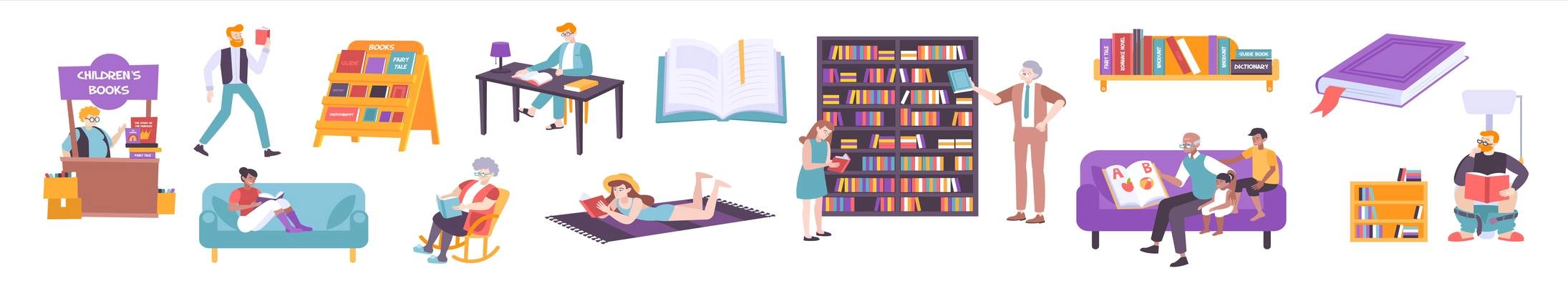 Book people set of flat icons with images of bookcases bookfair stalls and reading people characters vector illustration