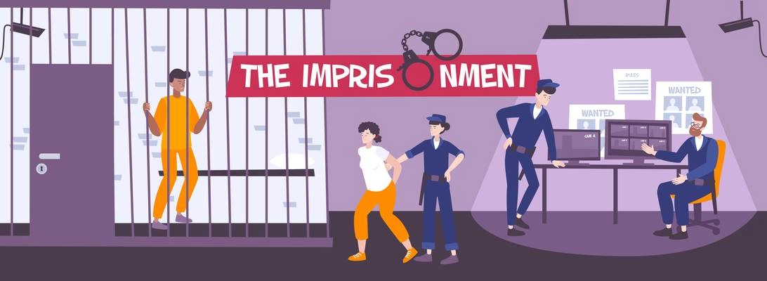 Prison composition with flat scenery of police department with characters of arrested person and police officers vector illustration