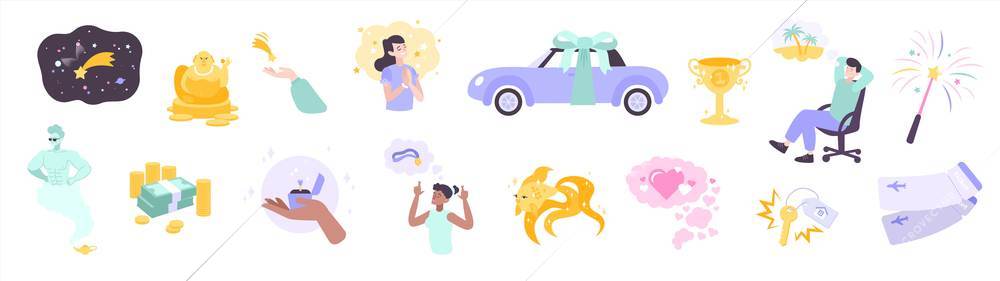 Dream set of flat isolated icons with dreaming people and valuable items wishes with magical characters vector illustration