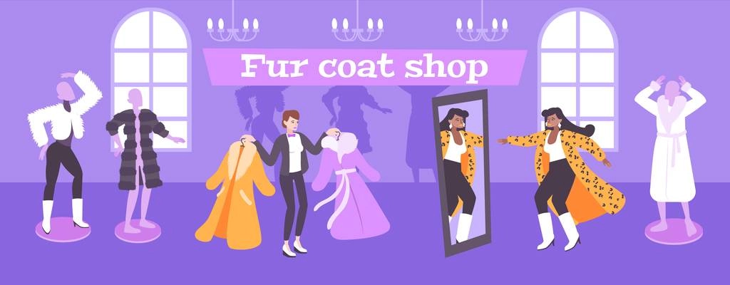 Fur coat shop background with fashion symbols flat vector illustration