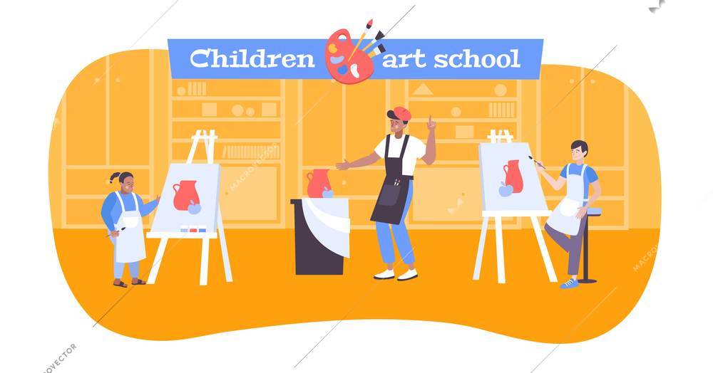 Visual art gallery background with excursion to the museum symbols flat vector illustration